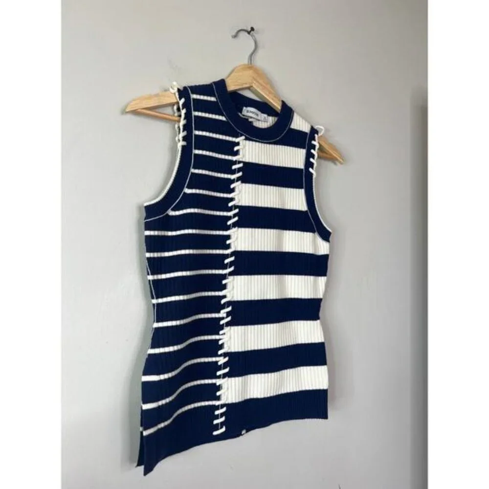 NEW Simkhai Joelene Asymmetric Fitted Striped Wool-Blend Top Navy Blue Size: XS - Picture 3 of 7